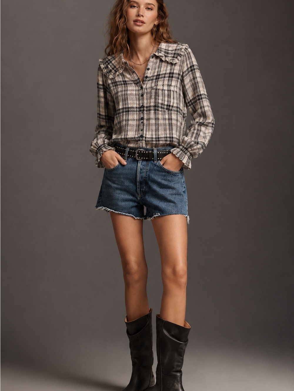 Pilcro Plaid Button-Front Shirt in Cream and Black